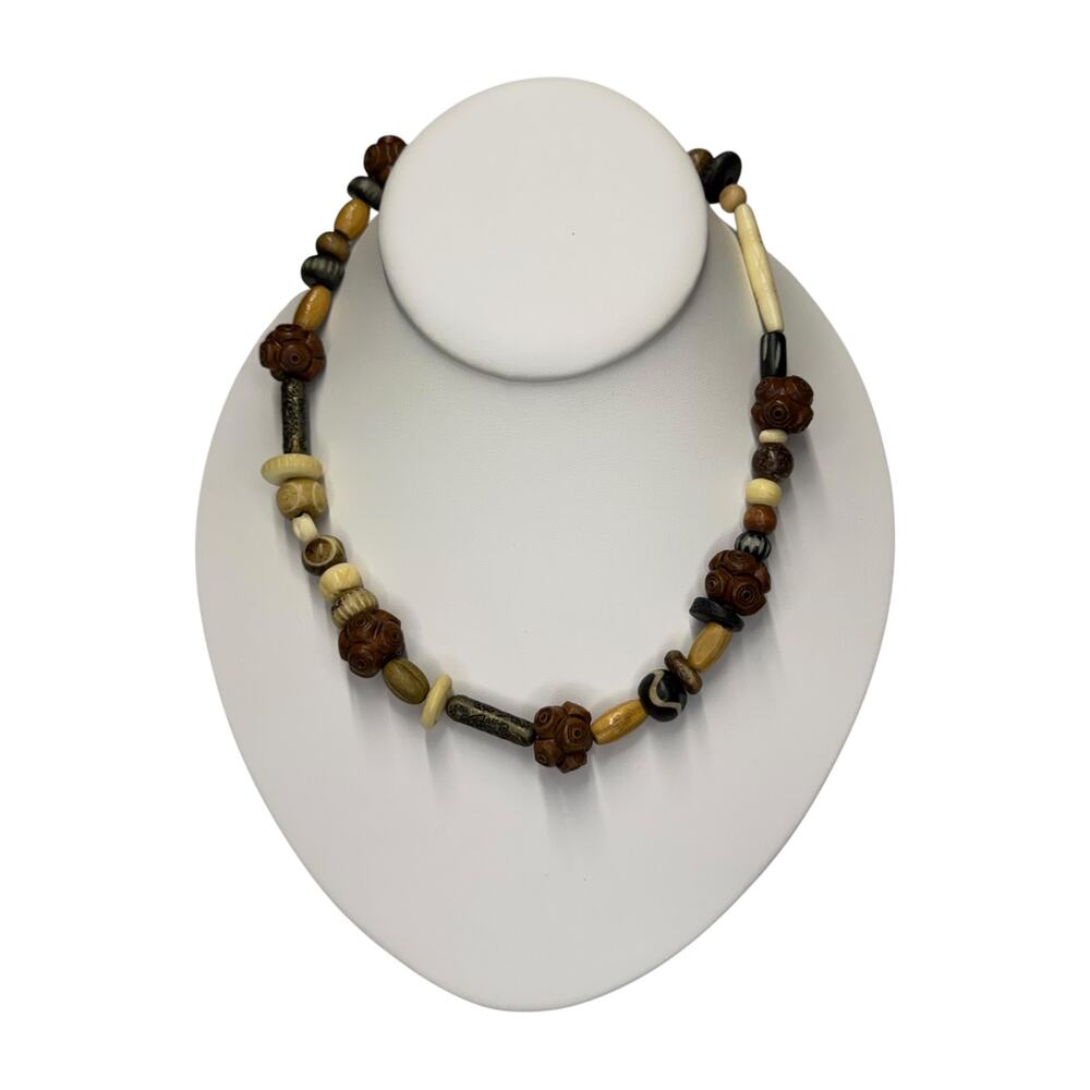 Vintage Mixed Bead Necklace Carved Wood Bone Ethnic Boho Tribal - Picture 3 of 5